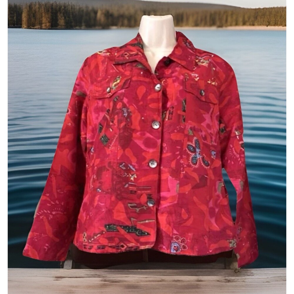 Coldwater Creek Floral Batik Patch Womens Silk Blazer Red Multicolor PS NWT